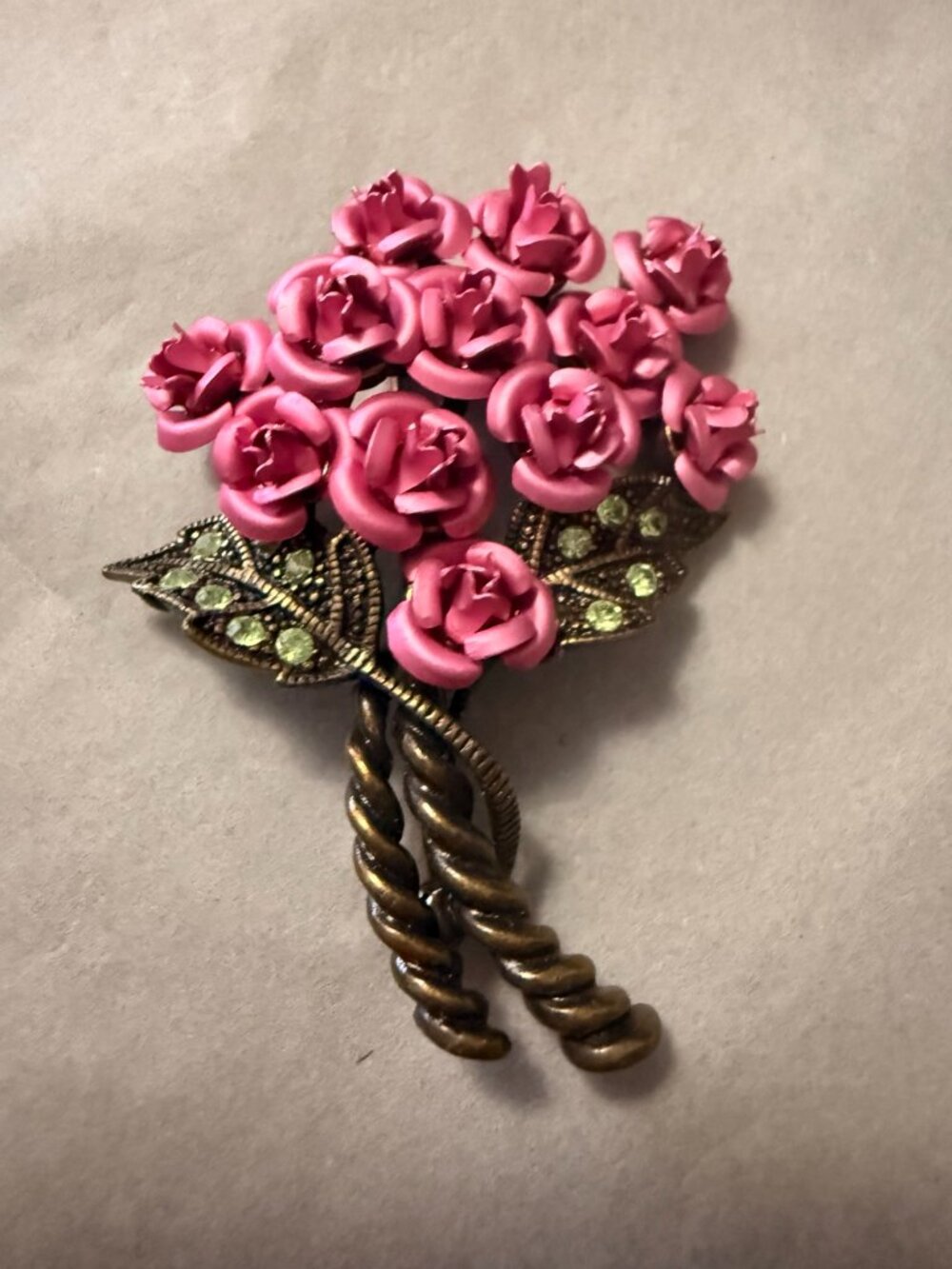 Vintage Avon Pink Rose Bouquet Brooch Green Rhinestones Gold Tone Floral Pin